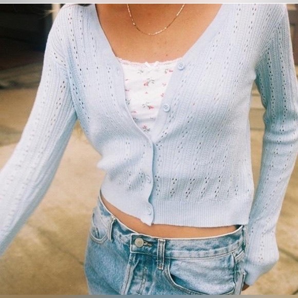 Brandy Melville Sweaters - Brandy Melville Shannon Light Blue Eyelet Button Up Long Sleeve Sweater Cardigan